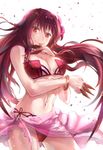  bikini bracelet breasts cleavage cowboy_shot fate/grand_order fate_(series) flower grin hair_flower hair_ornament hibiscus huamuan_huamuan jewelry knife large_breasts long_hair looking_at_viewer purple_hair red_eyes sarong scathach_(fate)_(all) scathach_(swimsuit_assassin)_(fate) smile solo swimsuit throwing_knife very_long_hair weapon 