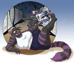  anthro big_breasts breasts clothed clothing dessert fangs feline female food fur huge_breasts ice_cream kittydee lying mammal nipple_bulge obese on_back open_mouth overweight scared simple_background solo striped_tail stripes teeth tongue 
