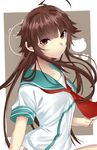  :/ ahoge bangs blunt_bangs blush bottomless brown_eyes brown_hair collarbone commentary_request highres kantai_collection kuma_(kantai_collection) long_hair looking_at_viewer neckerchief onineko-chan sailor_collar school_uniform serafuku short_sleeves solo upper_body 