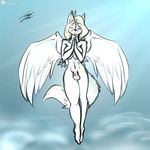  angel animal_genitalia anthro bagelcollector balls big_breasts breasts canine dickgirl eyes_closed feathered_wings feathers fox fully_sheathed fur hair hybrid intersex mammal navel nude sheath simple_background solo white_fur white_hair wings 