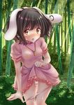  animal_ears bamboo bamboo_forest black_hair blush breasts bunny_ears covered_nipples cum cum_in_pussy cumdrip cumdrip_onto_panties day dress dress_lift ecou forest inaba_tewi lifted_by_self looking_at_viewer medium_breasts nature nipples outdoors panties panty_pull pink_dress pulled_by_self see-through short_hair short_sleeves solo standing tears touhou underwear yellow_eyes 
