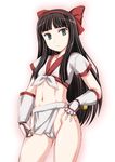  bangs black_eyes black_hair blunt_bangs bow cosplay cowboy_shot fingerless_gloves front-tie_top fundoshi gloves hair_bow hair_ribbon hairband highres hyouka japanese_clothes kouchi_ayako long_hair looking_at_viewer midriff nakoruru nakoruru_(cosplay) no_pants ribbon samurai_spirits shirt short_sleeves solo standing wan'yan_aguda white_background white_gloves 