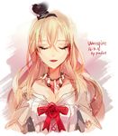  2016 artist_name bangs bare_shoulders blonde_hair character_name closed_eyes corset crown dated dress flower hair_between_eyes hairband heart heart_necklace highres jewelry kantai_collection long_hair mini_crown necklace off_shoulder open_mouth predict red_flower red_ribbon red_rose ribbon rose smile solo upper_body warspite_(kantai_collection) white_dress 