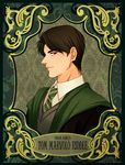  artist_name black_border border brown_hair character_name harry_potter highres hogwarts_school_uniform male_focus necktie ponsu_(ponzuxponzu) profile red_eyes robe smile solo sweater_vest tom_marvolo_riddle 