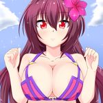  bikini_top blush breasts cleavage covered_nipples embarrassed fate/grand_order fate_(series) flower hair_flower hair_ornament heart_ring_top highres large_breasts long_hair looking_at_viewer niku114514810 purple_hair red_eyes scathach_(fate)_(all) scathach_(swimsuit_assassin)_(fate) solo sparkle 