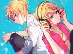  1girl black_bra black_pants blonde_hair blue_background bra brother_and_sister collarbone earphones flat_chest floating_hair green_eyes hair_ornament headphones kagamine_len kagamine_rin looking_at_viewer makoji_(yomogi) nail_polish open_clothes open_shirt pants parted_lips pink_nails pink_shirt shirt short_hair siblings simple_background sweater underwear vocaloid watch white_sweater wristwatch 