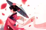  blurry character_name chinese_clothes depth_of_field disney earrings fa_mulan_(disney) from_side hair_bun hanfu highres jewelry lipstick makeup mulan oriental_umbrella petals ponsu_(ponzuxponzu) red_lipstick scarf signature sleeves_past_wrists solo umbrella white_scarf 