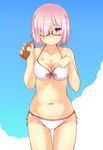 bikini bottle breasts cleavage fate/grand_order fate_(series) glasses hair_over_one_eye highres large_breasts lotion mash_kyrielight pink_hair purple_eyes short_hair solo standing sunscreen swimsuit swimsuit_of_perpetual_summer yagyuu_katsuda 