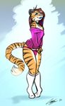  anthro bagelcollector clothed clothing collar crossdressing feline girly half-closed_eyes looking_at_viewer male mammal panties simple_background smile solo standing stripes tiger underwear 