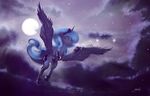  blue_feathers blue_hair cutie_mark equine feathered_wings feathers female feral flying friendship_is_magic hair half-closed_eyes horn mammal mechagen moon my_little_pony night outside princess_luna_(mlp) sky solo star starry_sky winged_unicorn wings 