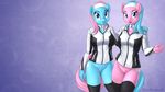  16:9 2016 aloe_(mlp) anthro anthrofied blue_eyes blue_hair bottomless brian_mcpherson clothed clothing cutie_mark duo earth_pony equine female friendship_is_magic hair hand_on_shoulder hi_res horse legwear long_hair looking_at_viewer lotus_(mlp) mammal my_little_pony open_mouth pink_hair pony pussy sibling sisters smile thigh_highs wallpaper 