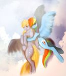  anthro blonde_hair blue_feathers blush cutie_mark derpy_hooves_(mlp) duo equine eyelashes feathered_wings feathers female flying friendship_is_magic grey_feathers hair hooves hug mammal mechagen multicolored_hair my_little_pony nude pegasus rainbow_dash_(mlp) rainbow_hair smile wings 