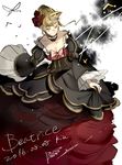  beatrice blonde_hair bow breasts bug butterfly character_name choker cleavage closed_eyes dated dress flower hair_bun hair_flower hair_ornament insect medium_breasts rose smile sofy solo umineko_no_naku_koro_ni wide_sleeves 