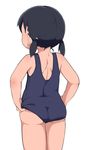  ass bad_id bad_twitter_id black_hair bubukka from_behind inactive_account marui_hitoha mitsudomoe one-piece_swimsuit short_hair short_twintails simple_background solo swimsuit twintails white_background 