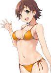  :d arm_at_side bare_arms bare_shoulders bikini blush breasts brown_hair cleavage collarbone cowboy_shot eyebrows eyebrows_visible_through_hair hashi honda_mio idolmaster idolmaster_cinderella_girls looking_at_viewer medium_breasts navel open_mouth orange_bikini orange_ribbon ribbon short_hair side-tie_bikini simple_background smile solo standing stomach swimsuit waving white_background yellow_eyes 