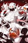  breasts cleavage covered_mouth dress glowing glowing_eyes highres horns huge_breasts kantai_collection long_hair md5_mismatch midway_hime orange_eyes sharp_teeth shinkaisei-kan skelefuku solo teeth tongue veins very_long_hair white_dress white_hair white_skin 