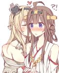  2girls ahoge bad_anatomy bad_hands blonde_hair blush brown_hair closed_eyes crown heart japanese_clothes kantai_collection kiss kongou_(kantai_collection) kvlen miko multiple_girls nose_blush purple_eyes warspite_(kantai_collection) yuri 