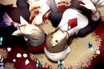  1girl ascot black_hair brown_hair bug butterfly closed_eyes from_above grey_eyes hat hat_removed headwear_removed insect juliet_sleeves kanon_(umineko) long_sleeves lying on_back parted_lips petals puffy_sleeves shannon sofy umineko_no_naku_koro_ni 