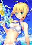  artoria_pendragon_(all) blonde_hair braid fate/grand_order fate_(series) green_eyes hair_ribbon kisaragi_saki long_hair ribbon saber solo standing water_gun 