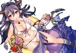  antenna_hair bandages bikini black_hair blush breasts cleavage commentary_request danua draph front-tie_top granblue_fantasy gretel_(granblue_fantasy) hair_between_eyes hansel_(granblue_fantasy) horn_ornament horns innertube jewelry large_breasts long_hair looking_at_viewer navel necklace partially_submerged pointy_ears red_eyes shinozuka_atsuto solo swimsuit thumb_sucking white_bikini 
