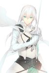  ahoge airgetlam_(fate) armor bedivere blue_eyes cape fate/grand_order fate_(series) gauntlets green_eyes highres hinotta knight long_hair male_focus silver_hair simple_background solo sword twintails weapon white_background 