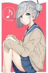 bad_id bad_pixiv_id blue_eyes eighth_note eyebrows eyebrows_visible_through_hair grey_hair hair_bun highres looking_at_viewer musical_note original pleated_skirt skirt sleeves_past_wrists smile solo speech_bubble spoken_musical_note suzuharu_toufu sweater 