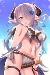  :d alternate_costume between_legs bikini bird blue_eyes breasts cameltoe cloud day draph earrings finger_to_mouth granblue_fantasy hair_ornament hair_over_one_eye heart heart-shaped_pupils highres horns jewelry katana large_breasts lavender_hair long_hair looking_at_viewer narmaya_(granblue_fantasy) navel open_mouth pointy_ears seedkeng sky smile solo swimsuit sword symbol-shaped_pupils thigh_strap weapon white_bikini 