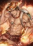  abs backpack bag beads belt brown_hair fire freckles goriraneesan jewelry knife male_focus muscle navel one_piece pendant portgas_d_ace prayer_beads red_eyes shirtless smile solo tattoo 