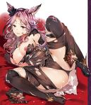  animal_ears black_dress black_footwear black_gloves black_hat black_legwear blush breast_hold breasts cameltoe catherine_(granblue_fantasy) closed_mouth curly_hair dress elbow_gloves embarrassed erune fox_ears full_body gloves granblue_fantasy hairband hat high_heels large_breasts lying mini_hat mini_top_hat nipples on_side partially_visible_vulva pink_eyes pink_hair shiny shiny_skin shoes solo spread_legs tachibana_yuu thighhighs thighs top_hat torn_clothes torn_dress 