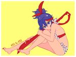  1girl barefoot bikini black_hair copyright_name earrings feet female full_body jewelry kill_la_kill looking_at_viewer matoi_ryuuko nail_polish red_hair red_streak sako scissor_blade sitting solo 