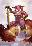 armor bikini_armor breasts death dragon gauntlets gold hand_on_hilt horns large_breasts original pink_skin red_hair sitting sitting_on_person stabbed sword takayama_toshiaki twintails weapon 