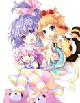  blonde_hair blue_eyes braid breasts character_doll fang hair_ornament highres long_hair looking_at_viewer multiple_girls neptune_(choujigen_game_neptune) neptune_(series) official_art open_mouth outstretched_hand pink pish purple_hair pururut slippers small_breasts smile striped striped_legwear stuffed_animal stuffed_toy tsunako very_long_hair 