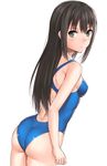  arms_at_sides ass bare_arms bare_shoulders blue_swimsuit blush breasts closed_mouth competition_swimsuit eyebrows eyebrows_visible_through_hair from_behind from_side green_eyes hair_between_eyes hashi idolmaster idolmaster_cinderella_girls long_hair looking_at_viewer looking_back one-piece_swimsuit serious shibuya_rin simple_background small_breasts solo standing swimsuit thighs white_background 