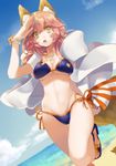  absurdres animal_ears beach bikini blue_bikini breasts cloud cloudy_sky day dutch_angle fate/grand_order fate_(series) fox fox_ears fox_tail hair_between_eyes highres hino_hinako large_breasts long_hair looking_at_viewer navel ocean open_mouth outdoors pink_hair sandals shawl side-tie_bikini sky solo standing standing_on_one_leg stomach swimsuit tail tamamo_(fate)_(all) tamamo_no_mae_(fate) tamamo_no_mae_(swimsuit_lancer)_(fate) yellow_eyes 