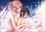  1boy 1girl bathroom bathtub black_border black_hair blush border breast_press breasts closed_mouth curtains dripping half_updo hands_together hetero huge_breasts indoors knees_up mole mole_under_eye moon night official_art open_mouth original partially_submerged pink_hair pyon-kichi sitting sky star_(sky) starry_sky un water wet window 