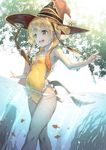  blonde_hair breasts covered_navel day fish hat horn one-piece_swimsuit open_mouth original outdoors outstretched_arms pointy_ears pyz_(cath_x_tech) small_breasts smile solo summer sunlight swimsuit tail teeth tree two_side_up wading water witch_hat yellow_eyes yellow_swimsuit 