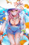  alternate_costume animal_ears bare_legs bikini blue_bikini breasts cleavage collarbone ears_through_headwear fate/grand_order fate_(series) fox_ears fox_tail from_above hair_between_eyes hair_over_shoulder hat hat_ribbon highres innertube large_breasts looking_at_viewer navel nekoremon partially_submerged pink_hair ribbon side-tie_bikini sitting smile solo sun_hat swimsuit tail tamamo_(fate)_(all) tamamo_no_mae_(fate) tamamo_no_mae_(swimsuit_lancer)_(fate) thigh_gap thighs white_hat yellow_eyes 