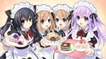  :d absurdres black_hair blue_eyes blush bow bowtie brown_hair cake dessert food fruit game_cg highres holding long_hair looking_at_viewer maid maid_headdress multiple_girls nepgear neptune_(series) official_art open_mouth pie plate purple_eyes purple_hair ram_(choujigen_game_neptune) red_eyes ribbon rom_(choujigen_game_neptune) short_sleeves siblings slice_of_cake smile strawberry strawberry_shortcake tray tsunako twins uni_(choujigen_game_neptune) wrist_cuffs 