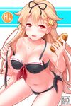  bare_shoulders bikini black_bikini black_ribbon blonde_hair blush breasts collarbone cover cover_page covered_nipples doujin_cover gradient_hair hair_between_eyes hair_flaps hair_ribbon highres kantai_collection long_hair looking_at_viewer lotion medium_breasts multicolored_hair navel rating red_eyes red_hair remodel_(kantai_collection) ribbon sailor_bikini sailor_collar side-tie_bikini sitting solo stomach strap_pull sunscreen swimsuit tatenayua thighs yuudachi_(kantai_collection) 