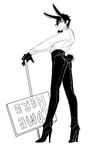  1boy animal_ears black_hair bowtie bunny_ears bunny_tail closed_mouth collared_shirt eyepatch full_body gloves high_heels looking_at_viewer male_focus monochrome personification shokudaikiri_mitsutada sign simple_background smile solo standing tail touken_ranbu white_background zoosama 