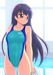  black_eyes competition_swimsuit kinugawa_miyabi long_hair looking_back one-piece_swimsuit parted_lips pool purple_hair solo standing swimsuit tessai tetsudou_musume towel window 