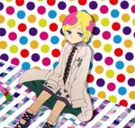  1boy androgynous bird blonde_hair blue_eyes boots child chromatic_aberration collared_shirt eyelashes irabu_ichirou krsk kuuchuu_buranko labcoat male_focus multicolored_hair necktie pink_hair polka_dot shorts sitting solo stuffed_toy 