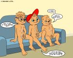  alvin_and_the_chipmunks alvin_seville anthro balls belly buckteeth chipmunk compfive cub cum cum_on_chest cum_on_self cum_on_stomach dialogue erection eyewear glasses ground_squirrel group group_masturbation hair hat male mammal masturbation messy nude penile_masturbation penis rodent sciurid simon_seville sitting slightly_chubby sofa teeth theodore_seville tongue tongue_out young 