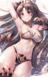 1girl arm_behind_head armlet armpits asymmetrical_legwear asymmetrical_sleeves bangs bare_shoulders black_hair blush breasts bridal_gauntlets cleavage crown detached_collar earrings elbow_gloves eyebrows_visible_through_hair fate/grand_order fate_(series) glint gloves gluteal_fold gold gold_trim grin hair_ribbon hand_up highres hoop_earrings ishtar_(fate/grand_order) jewelry light_particles long_hair long_legs looking_at_viewer medium_breasts motokonut navel parted_bangs red_eyes ribbon single_elbow_glove single_thighhigh skindentation smile solo stomach thighhighs thighs two_side_up 