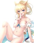  :d animal_ears bare_shoulders bikini blonde_hair blue_eyes blue_ribbon blush breasts buttons cat_ears cat_tail cleavage collarbone final_fantasy final_fantasy_xiv food front-tie_bikini front-tie_top green_eyes heterochromia highres holding holding_food knee_up long_hair looking_at_viewer md5_mismatch medium_breasts miqo'te mutsuba_fumi navel off_shoulder open_clothes open_mouth open_shirt ponytail popsicle ribbon shirt short_sleeves simple_background sitting smile solo stomach swimsuit tail unbuttoned unbuttoned_shirt whisker_markings white_background white_bikini white_shirt 