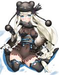  1girl :o andou_chikasue_(sengoku_bushouki_muramasa) black_bow black_dress black_gloves black_hat black_legwear blue_eyes blue_ribbon blush bow braid breasts capelet commentary_request covered_navel dress full_body fur_hat fur_trim gloves hair_bow hair_ornament hair_ribbon hat impossible_clothes long_hair long_sleeves looking_at_viewer low_braid medium_breasts obi over-kneehighs pom_pom_(clothes) ribbon sash sengoku_bushouki_muramasa shinozuka_atsuto short_dress sidelocks silver_hair single_braid skin_tight solo thighhighs tress_ribbon very_long_hair wide_sleeves x_hair_ornament 