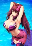 adapted_costume arched_back armpits arms_behind_head arms_up bikini biting biting_clothes blush bol_(liliymimi) breasts cleavage commentary_request cowboy_shot fate/grand_order fate_(series) highres large_breasts leaning_forward long_hair looking_at_viewer navel purple_bikini purple_hair purple_legwear red_eyes sarong scathach_(fate)_(all) scathach_(swimsuit_assassin)_(fate) sideboob solo swimsuit thighhighs wading water 
