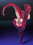  2016 anthro big_breasts breasts butt clothed clothing collar dragon female legwear looking_back nipples panties presenting pussy raised_tail scalie simple_background skygracer smile solo stockings underwear 