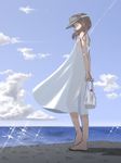  arms_behind_back ass bag bare_arms bare_shoulders barefoot brown_eyes brown_hair cloud day diffraction_spikes dress flat_ass flat_chest from_side furukawa_herzer grocery_bag highres kantai_collection looking_at_viewer ocean outdoors ryuujou_(kantai_collection) see-through_silhouette shopping_bag sky sleeveless sleeveless_dress smile solo sparkle sundress twintails visor_cap wind 