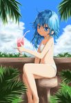  asymmetrical_hair bikini blue_eyes blue_hair cloud d-rev_g day drink kantai_collection leaf minazuki_(kantai_collection) short_hair sitting stool swimsuit 